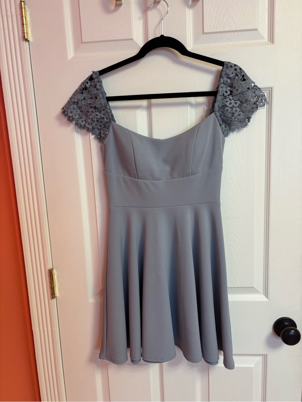 City Studio Short Gray Fit-and-Flare Dress with Lace Cap Sleeves